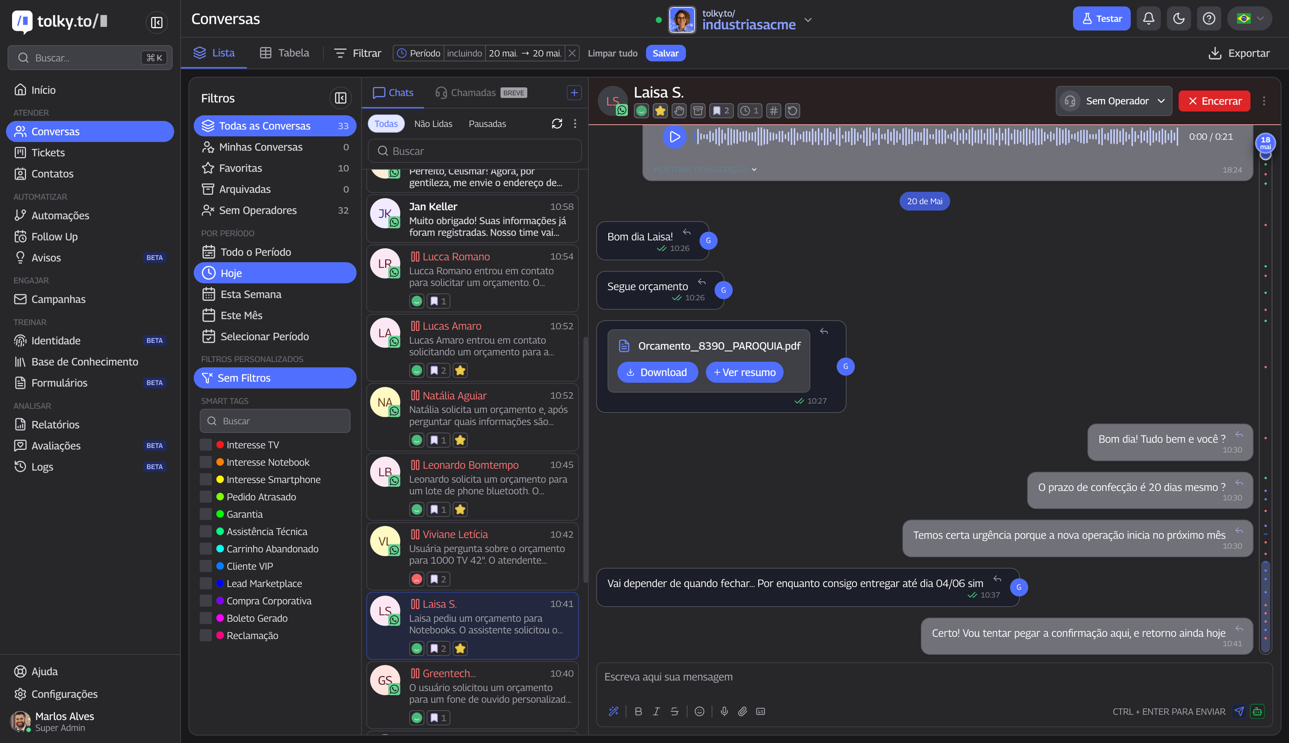 Interface de conversas na plataforma Tolky